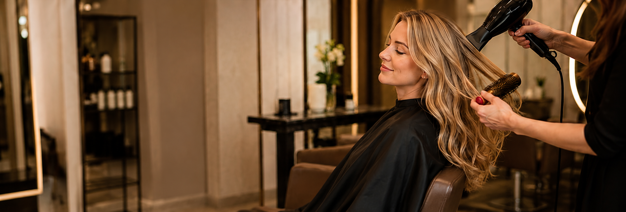 Blonde Kundin beim Haarstyling im Salon